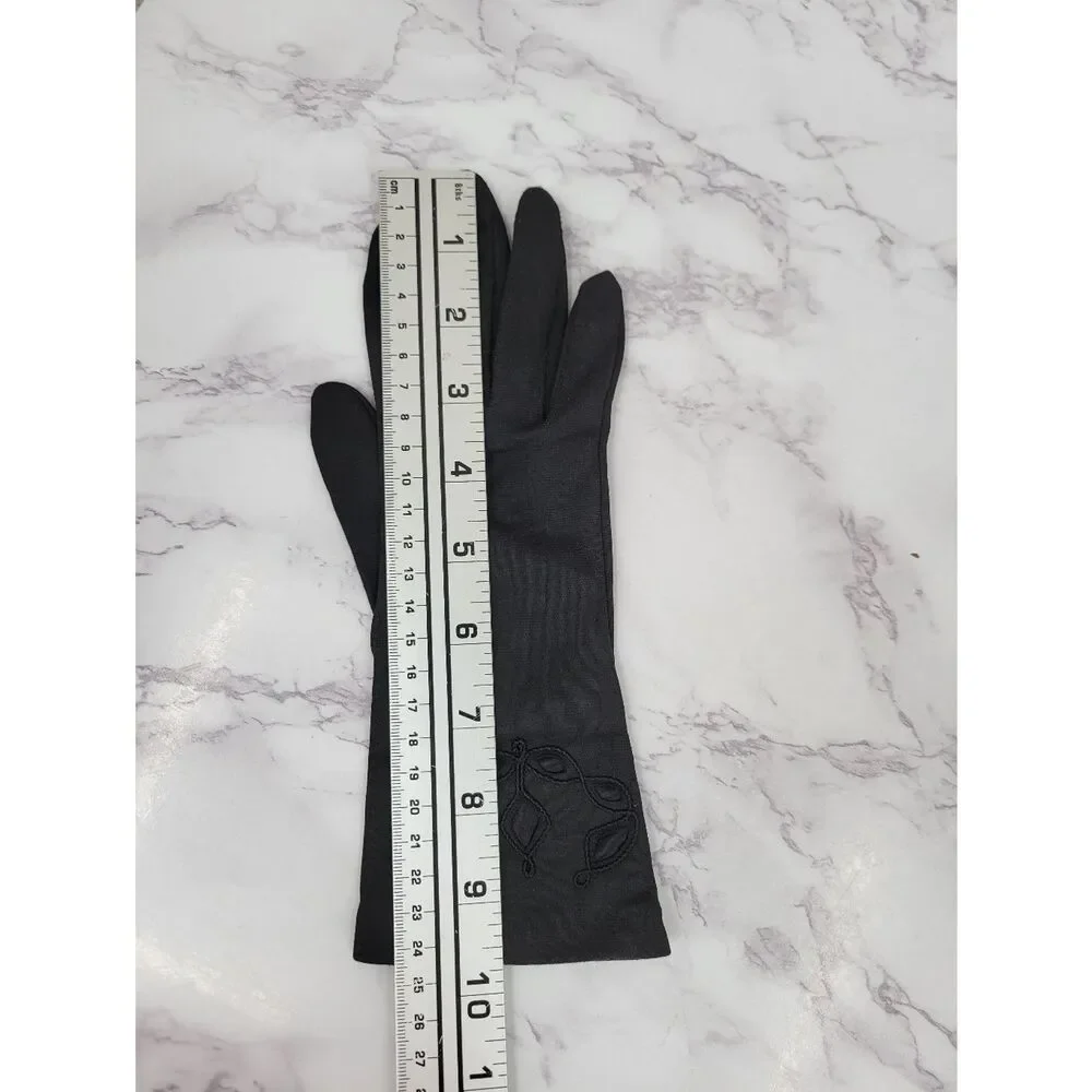Vintage Nylon Classic Black Dress Driving Formal Gloves Satin Inset & Embroidery